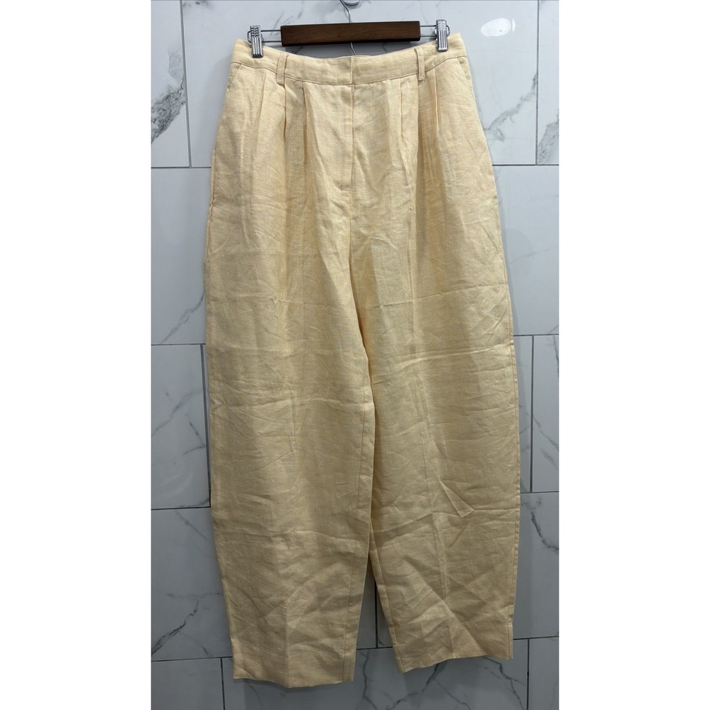 Posse Parker Linen Wide Leg Pleated Trousers Butter Yellow High Rise Pants M